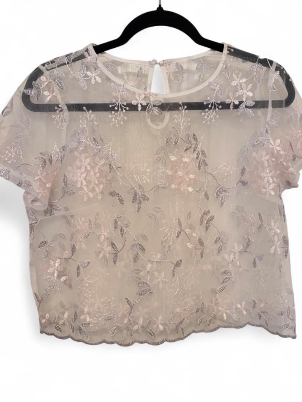 Sheer Embroidered Floral Cropped Top - Soft Pink & White